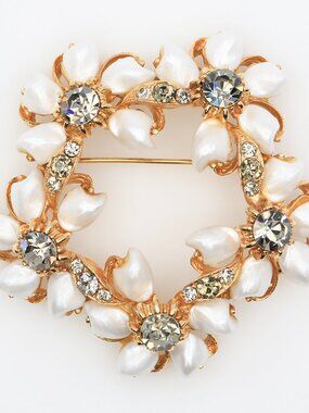 Vintage Baby Tooth Simulated Pearl Smoky Gray Rhinestones Floral Brooch 1960s